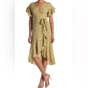 Max Studio Floral Yellow Ruffle Wrap Spring Dress